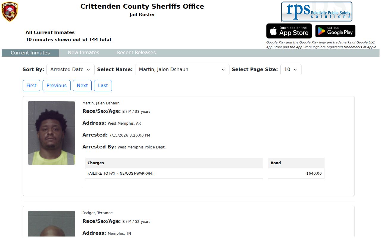 Crittenden County arrest lookup RPS current inmates roster
