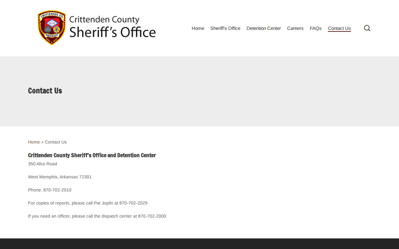 Crittenden County arrest records sheriff contact page