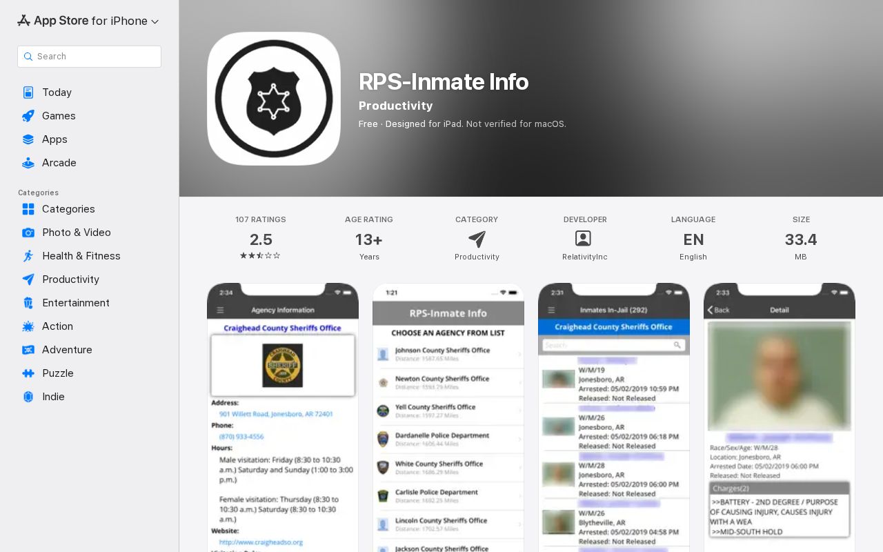 Crittenden County criminal records RPS Inmate Info App Store listing for booking checks