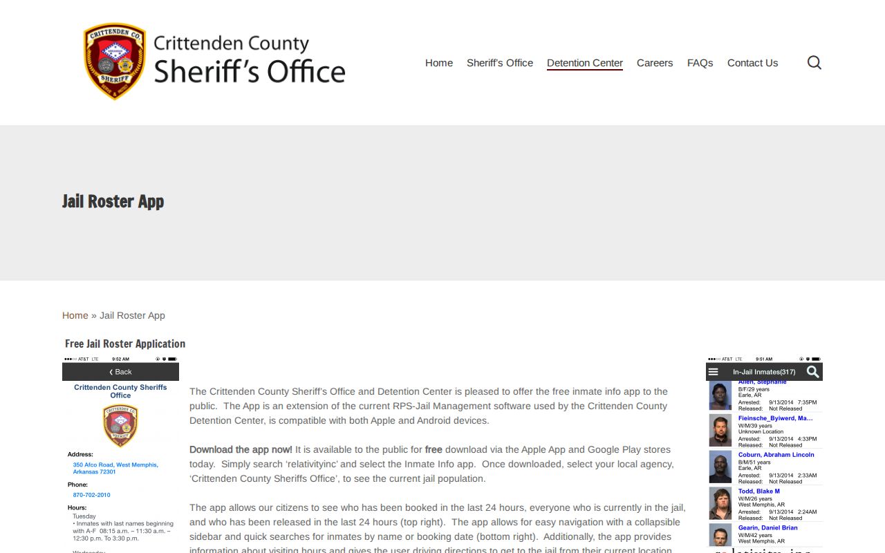 Crittenden County criminal records RPS Inmate Info app page