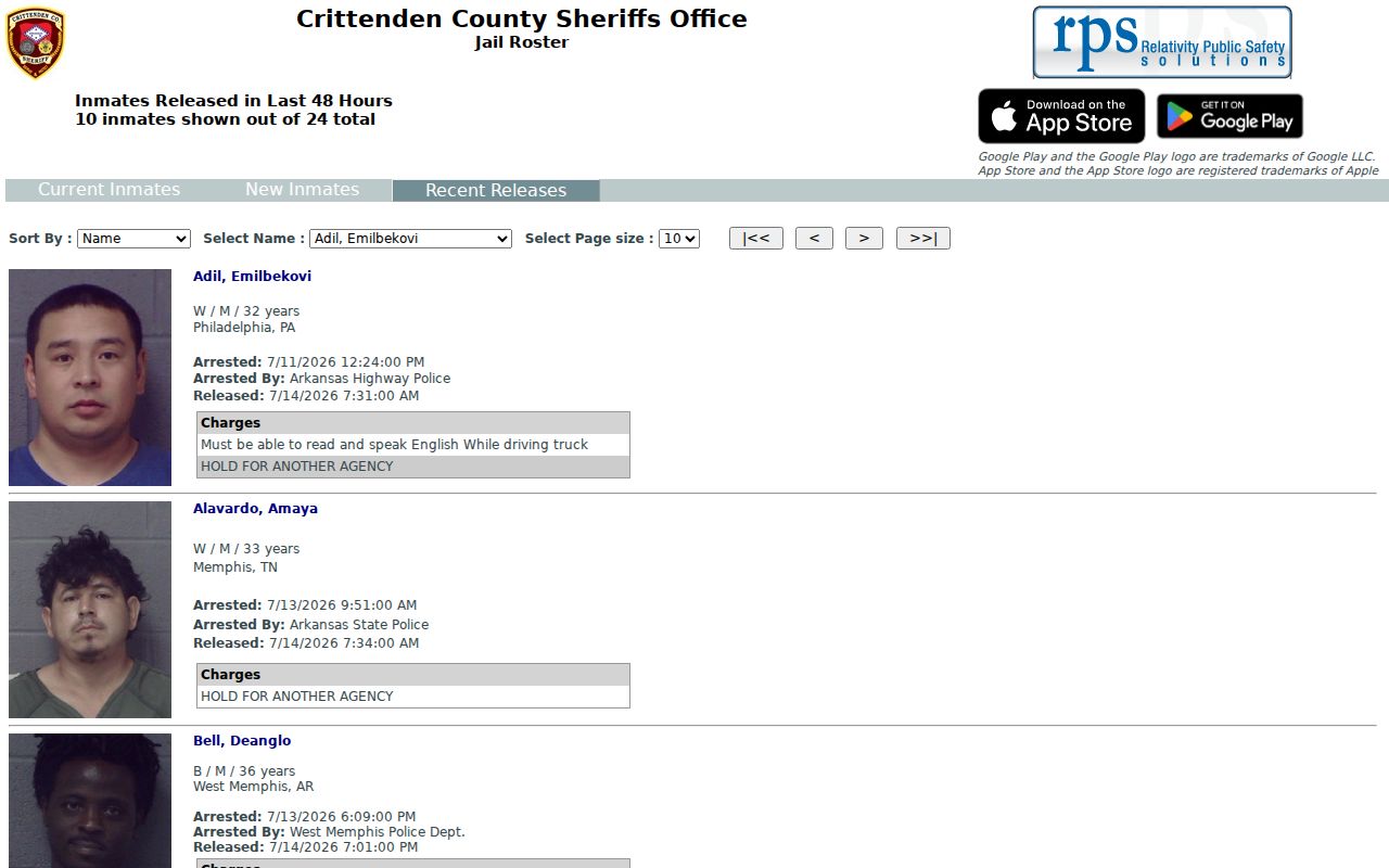 Crittenden County criminal records recent releases roster for West Memphis booking checks